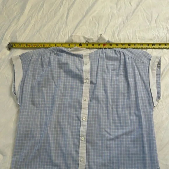 Vintage C&A Blue Checkered Blouse Mandarin Collar Short Sleeve ButtonDown Top 14 - Picture 9 of 9